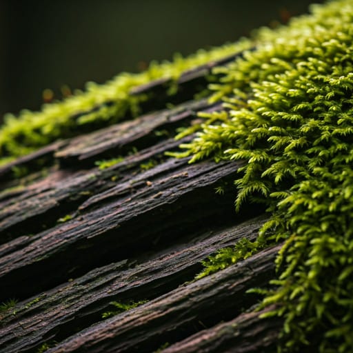 Lush macro photography of deep green moss on dark textured bark