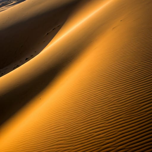 Aerial view of desert sand dunes with deep terracotta shadows and warm sunlight
